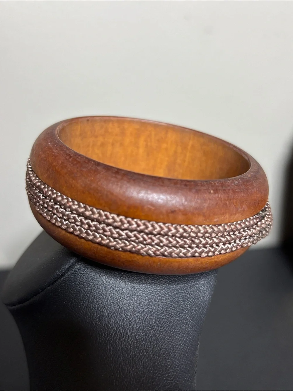 Wood Boho Bangle Bracelet Braided Rope Inlay - Brown Western Statement